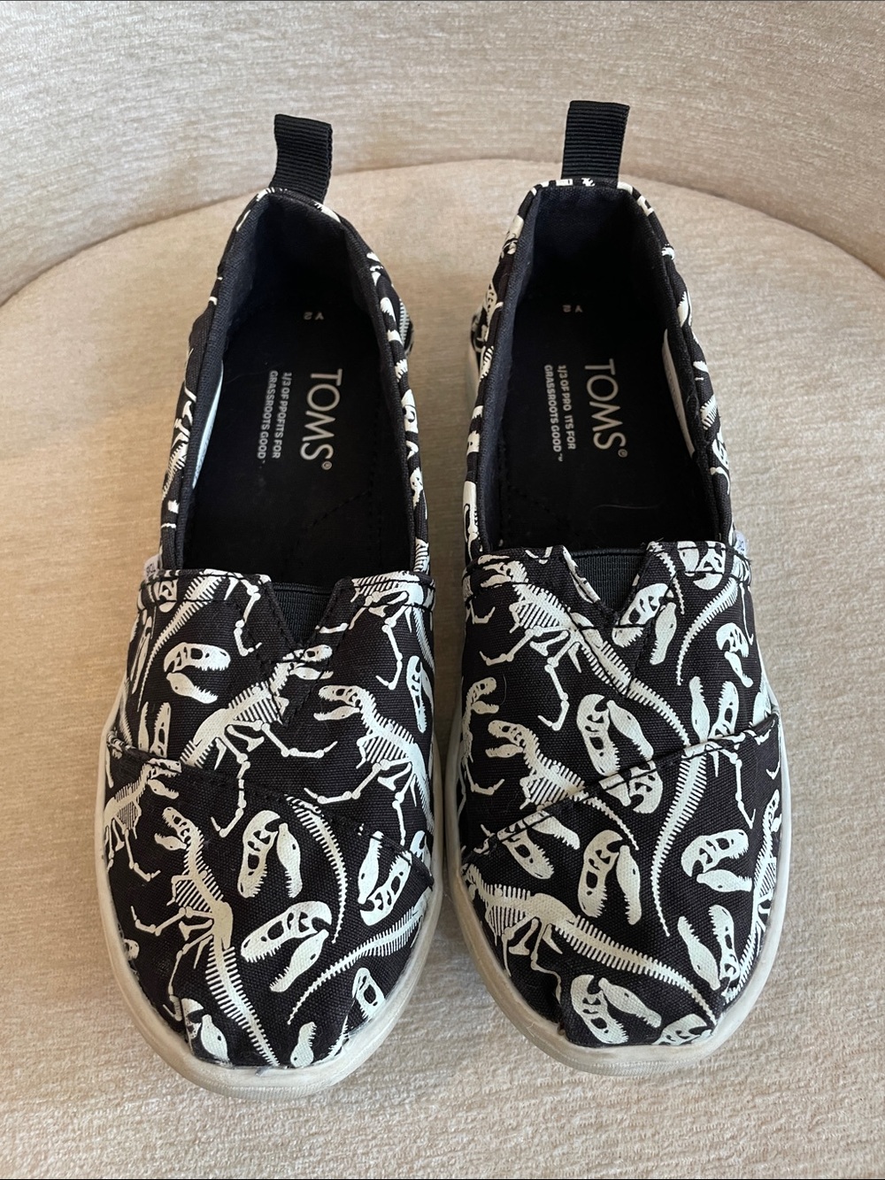 Toms Kids Black Slip-On Sneakers with Glow in the Dark Dinosaur Skeleton Print
